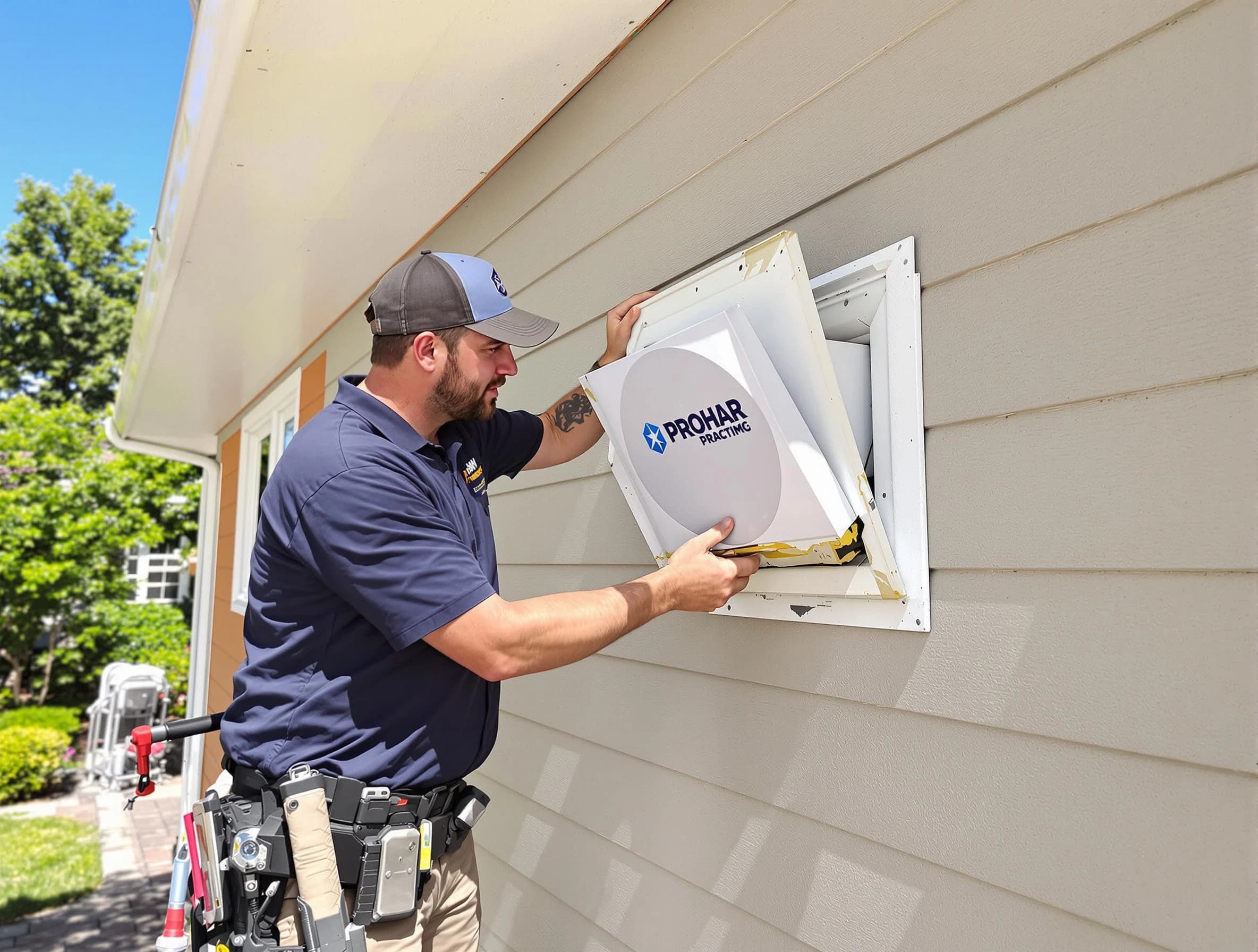 Murrysville Dryer Vent Cleaning technician installing a new protective dryer vent cover on a home in Murrysville