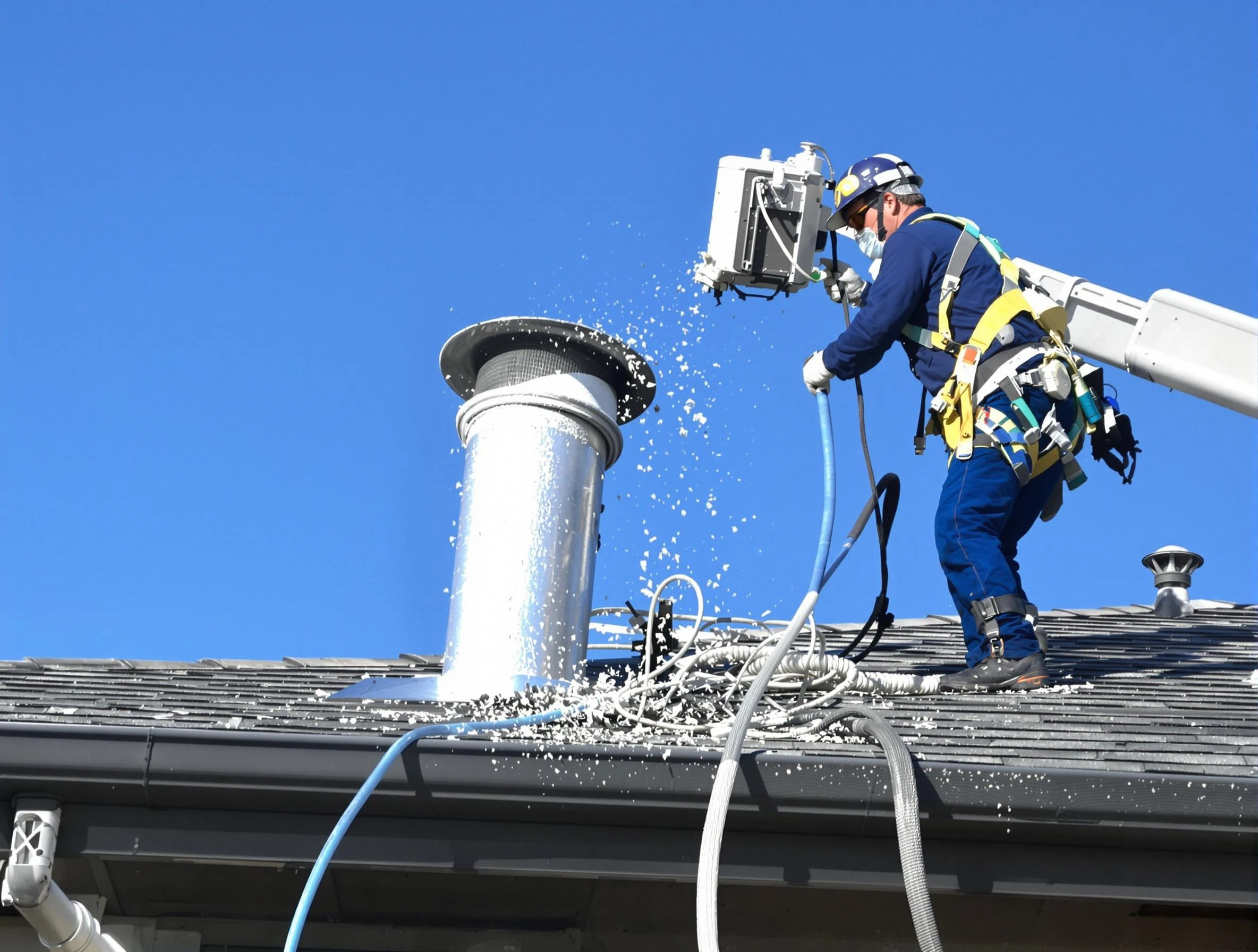 Murrysville Dryer Vent Cleaning certified technician safely cleaning a roof-mounted dryer vent in Murrysville